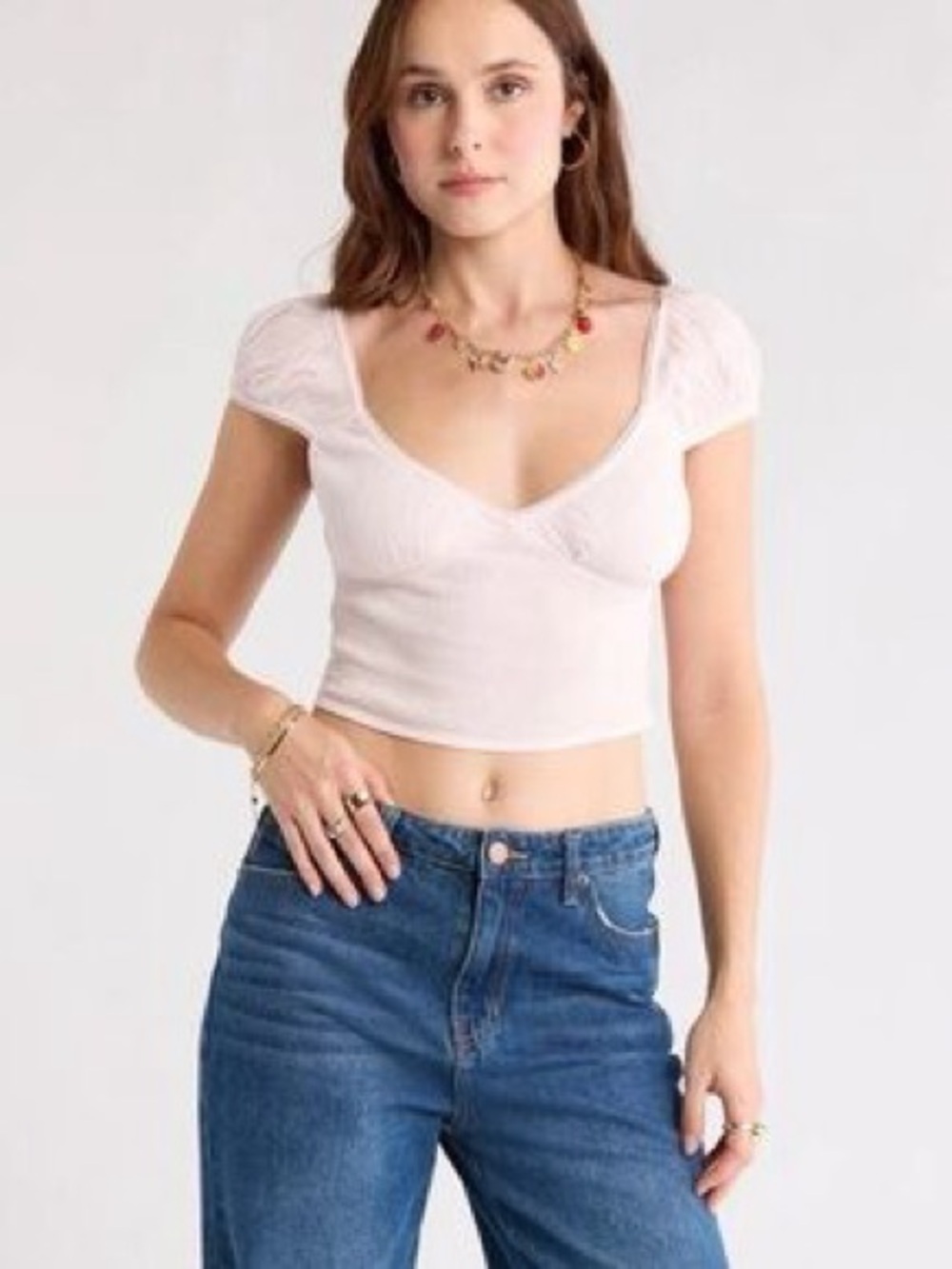 Abound Light Pink V‑Neck Puff Sleeve Crop Top
